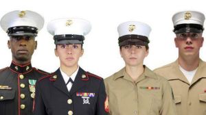 The current Marine hats (left) next to the proposed unisex Marine hats (right). Courtesy: New York Post